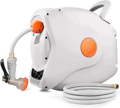 RETRACTABLE GARDEN HOSE REEL, ANY LENGTH LOCK