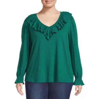 TERRA & SKY® PLUS SIZE SMOCKED CUFF RUFFLE TOP