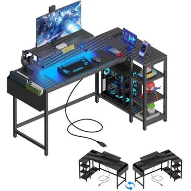 40" L-SHAPED GAMING DESK WITH LED LIGHTS & PWR OUTLET